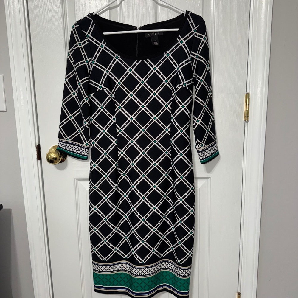 WHITE HOUSE BLACK MARKET Dress Black Plaid-Green Womans-3/4" sleeves-lined- sz 2